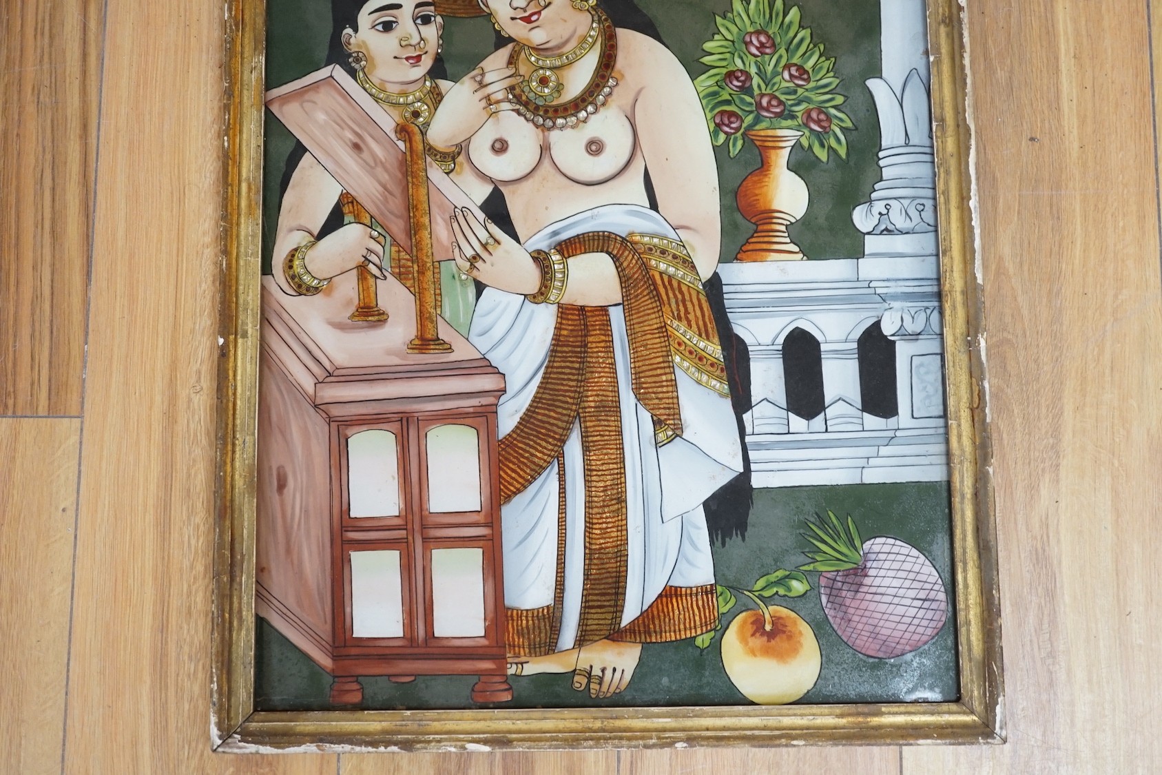 Indian School, eight assorted reverse paintings on glass, Studies of nobles, deities and other figures, largest 60 x 44cm